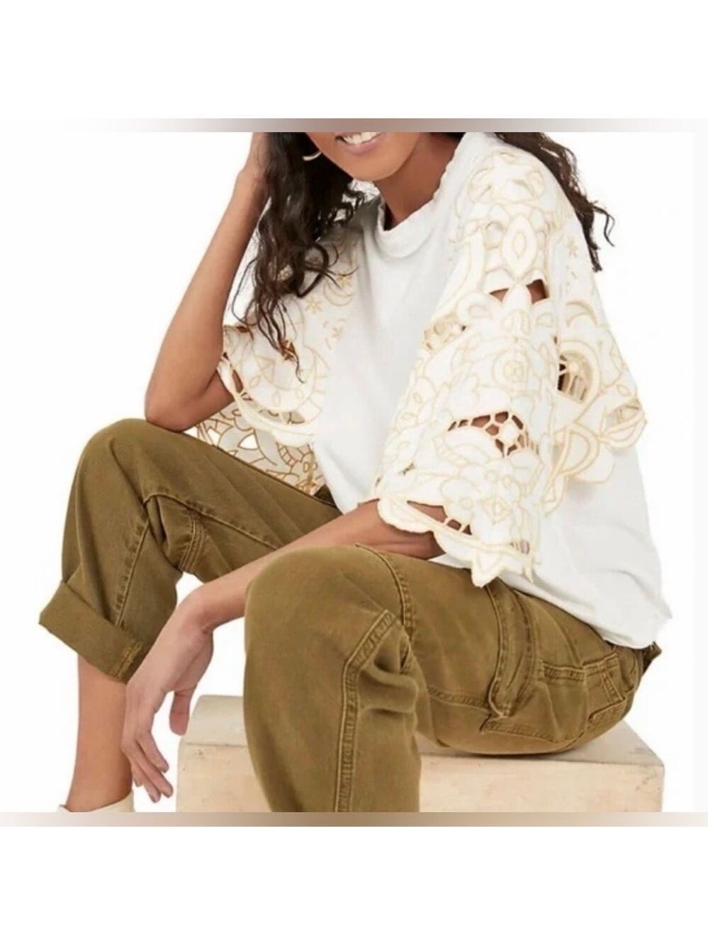 Free People Boho Beachy Embroidered Angel Tee Flutter Sleeves Blouse Top NWT XS